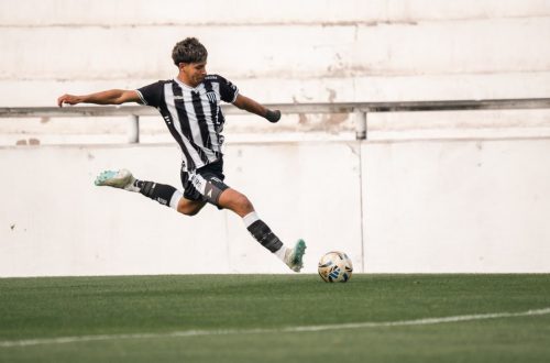 Dynamic shot of a soccer player in mid-air kick on green field.